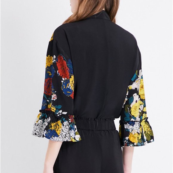 SANDRO Black Floral Print Silk Crepe Button Up Collared Shirt Blouse - Picture 3 of 16